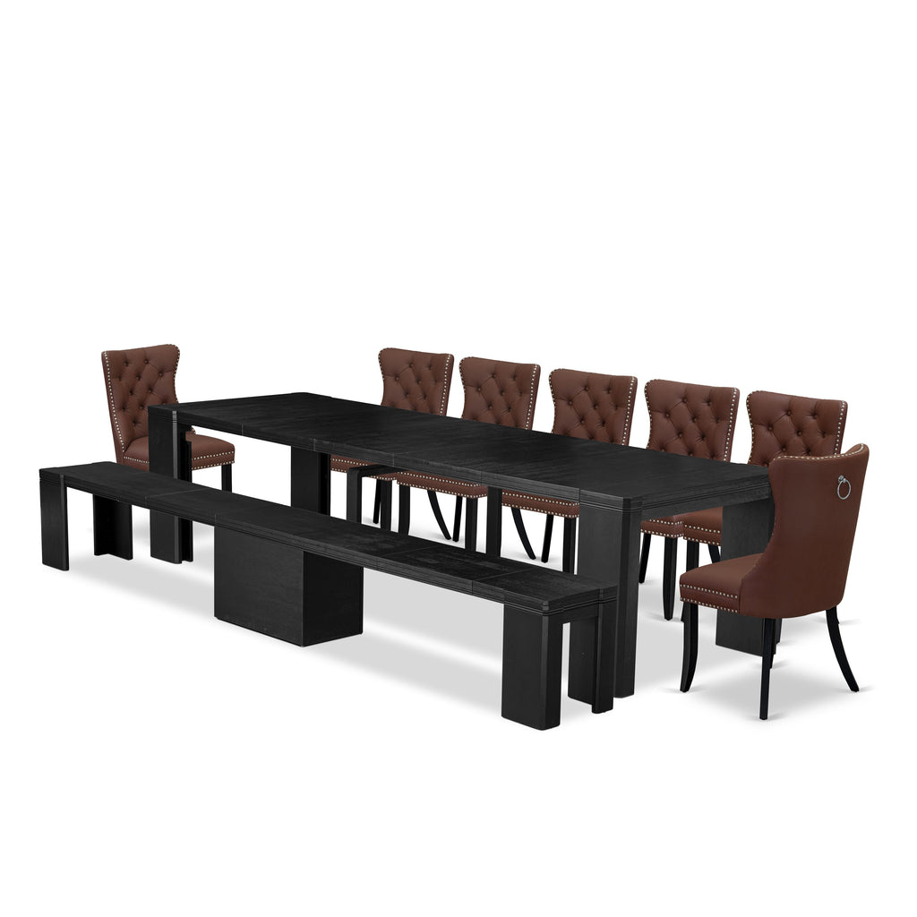 X07DA-KUQ-C6 Elegant 9-Piece Dining Set with Rectangular Table, Bench & 7 Faux Leather Chairs