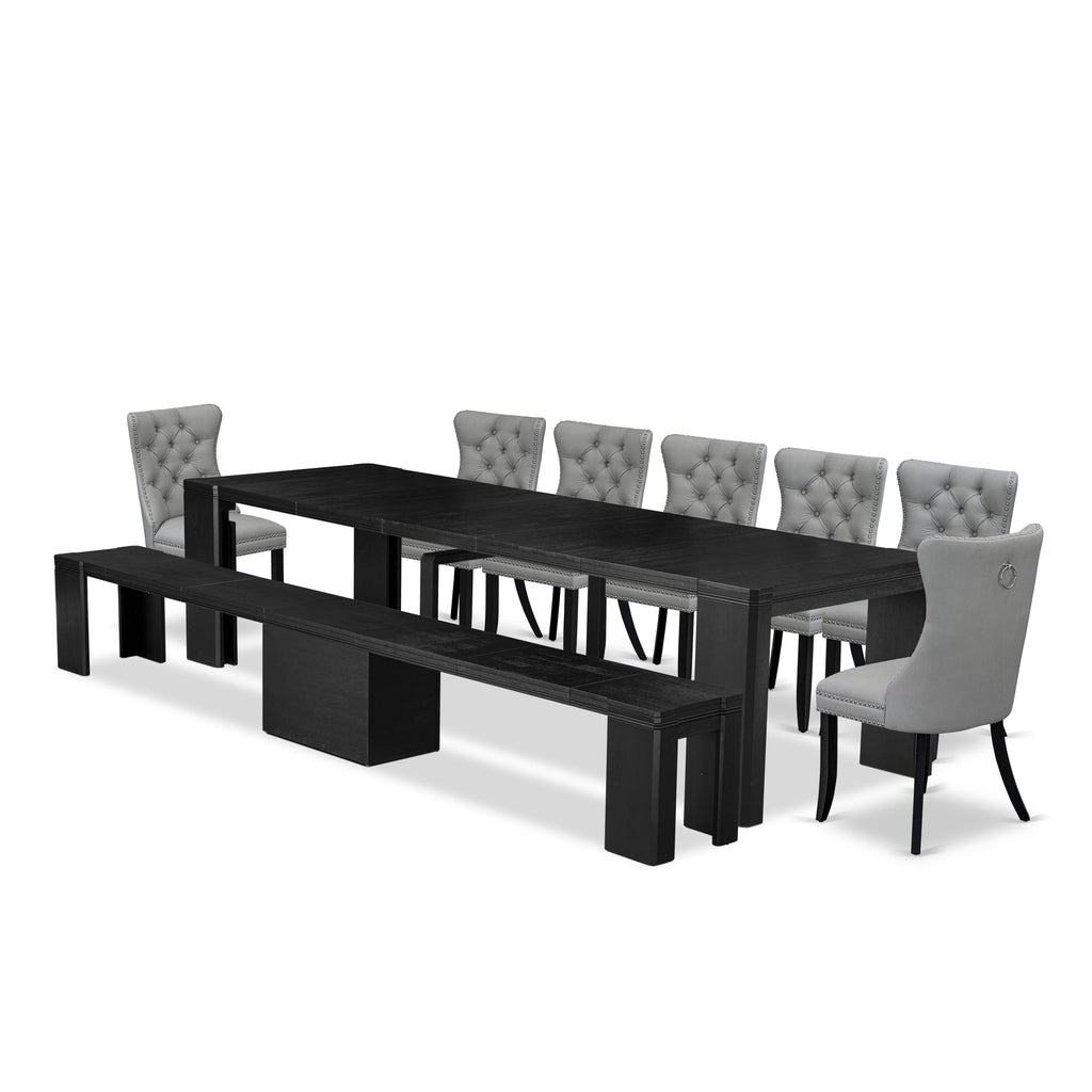 X07DA-BVF-Q4 Nine-Piece Elegant Dining Set with Seating and Faux Leather Chairs in Dark Finish