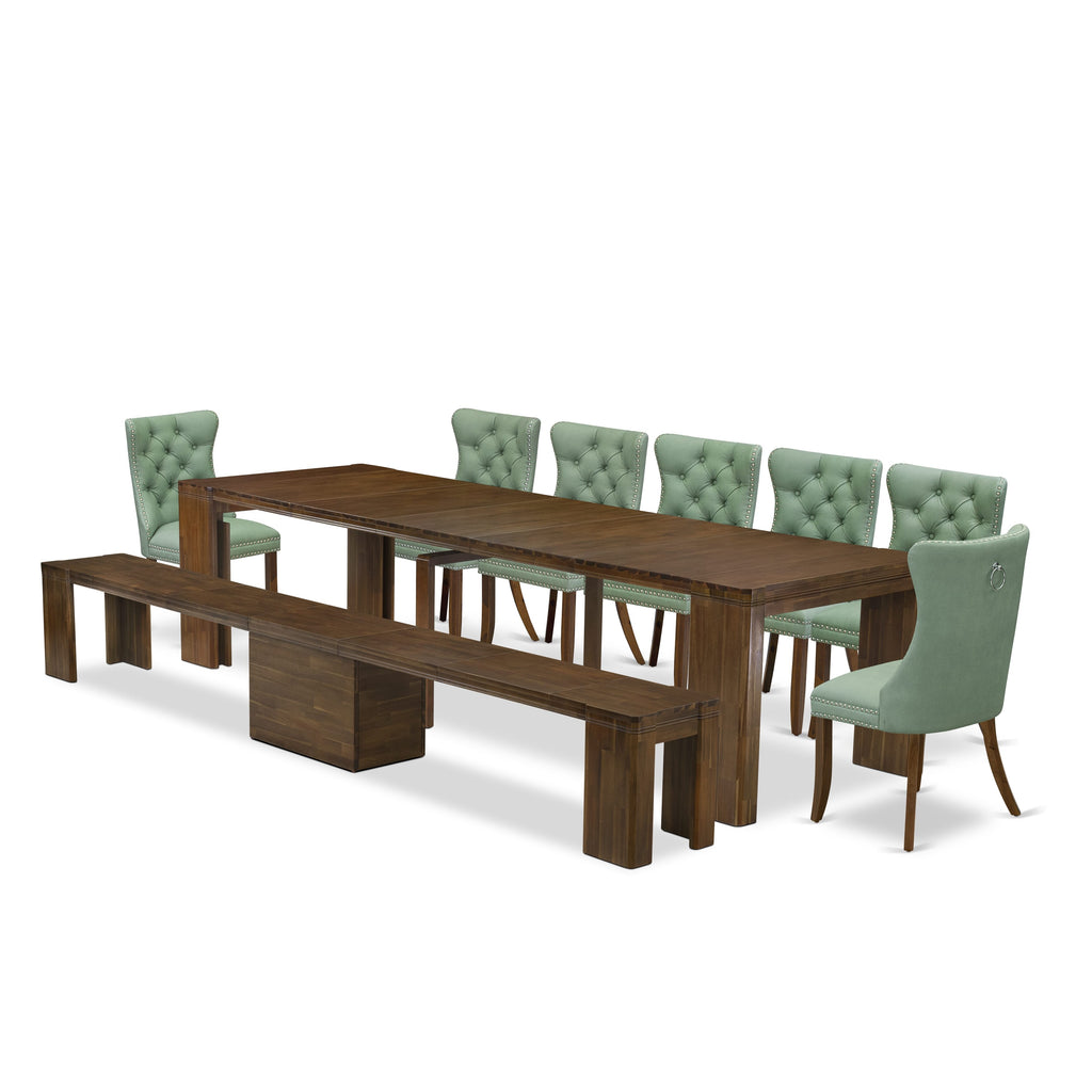 X07DA-UKQ-P1 - Stylish 9-Piece Dining Collection with Extendable Table, Chairs & Bench, Walnut Finish