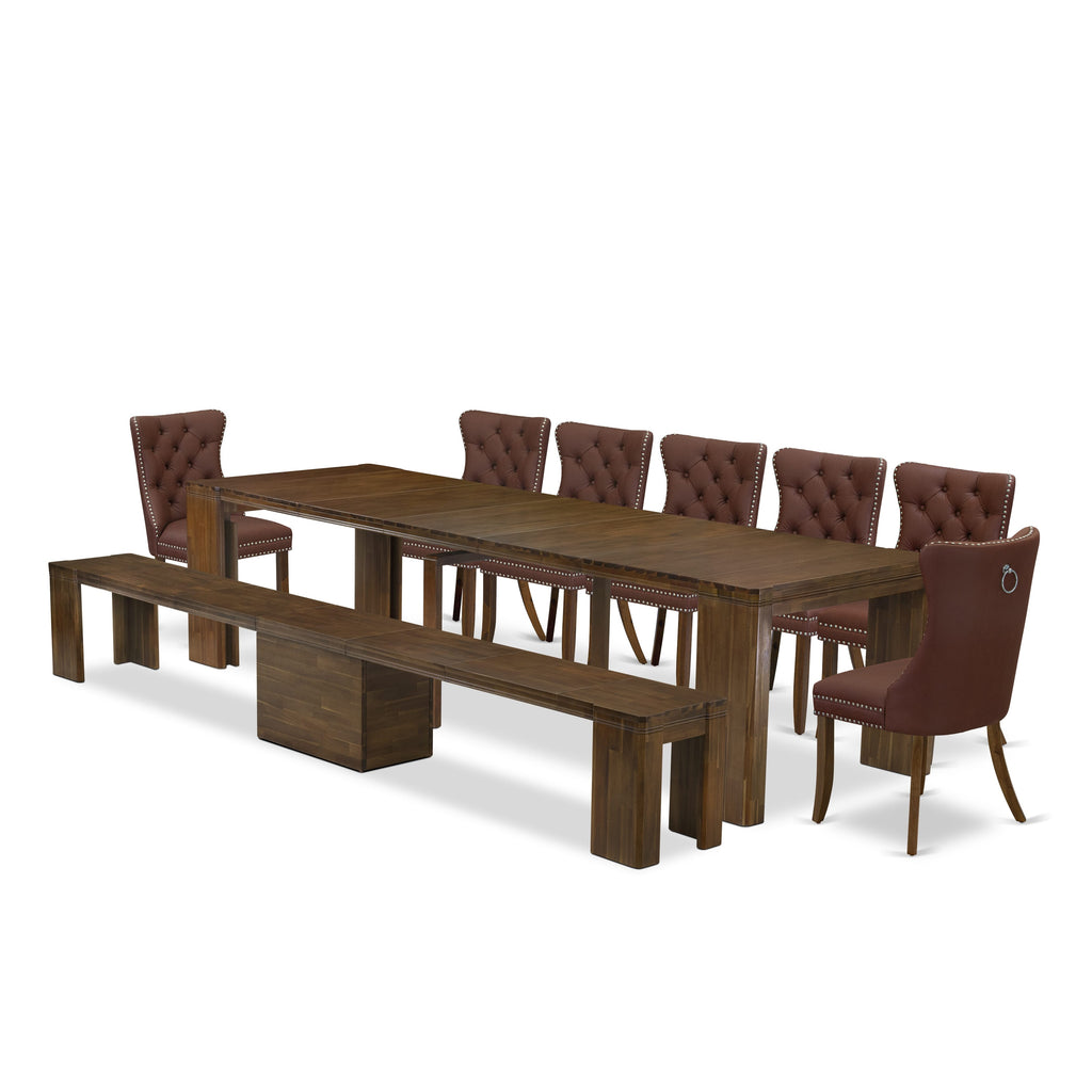 X07DA-GWK-BE Deluxe 9-Piece Dining Ensemble Expansive Table, 7 Chairs & Sleek Bench, Walnut Finish