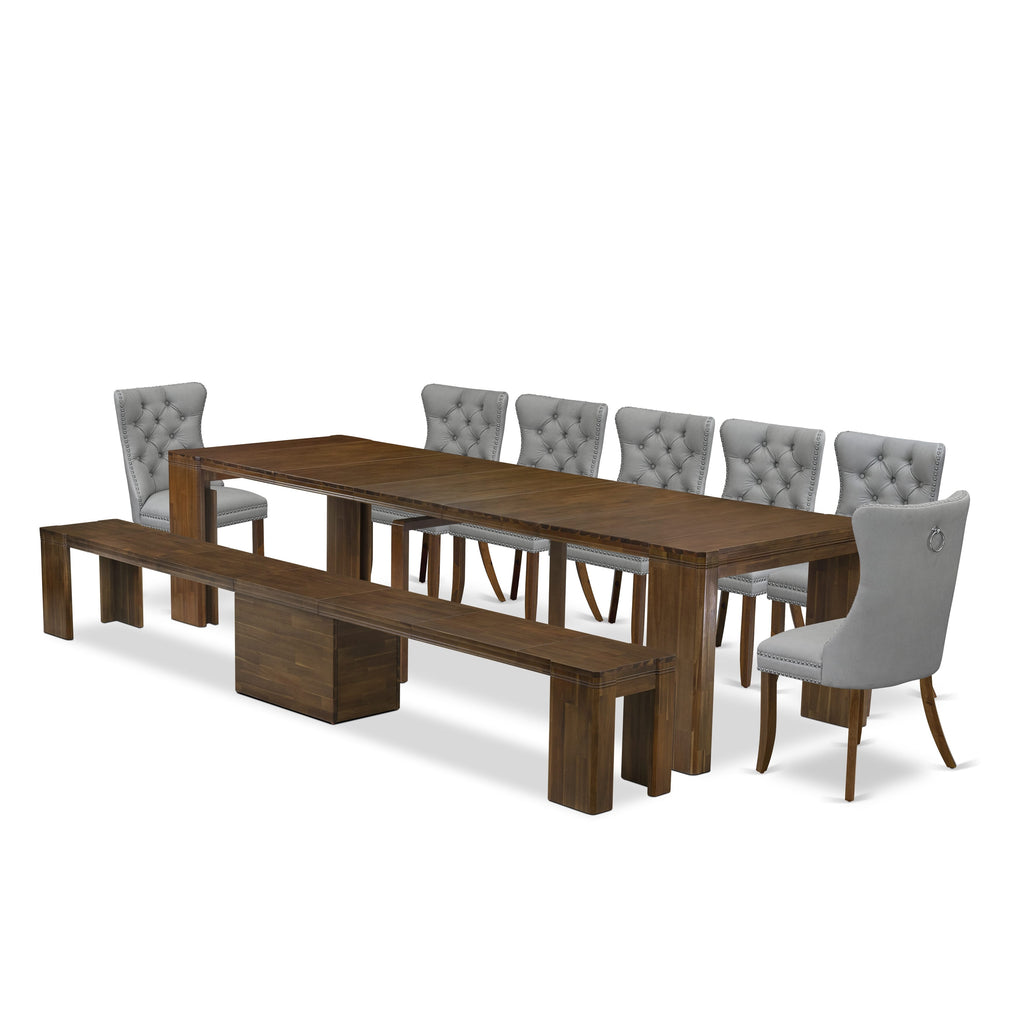 X07DA-IP3-KK Deluxe Extendable Dining Set with Rectangle Table, 7 Chairs & Bench in Antique Walnut