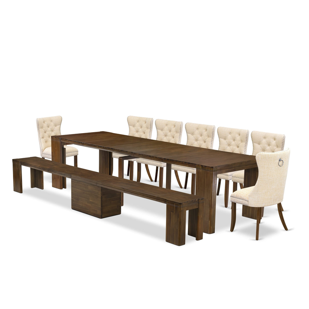 X07DA-6RK-DQ 9-Piece Sophisticated Dining Ensemble with Extendable Table, 7 Chairs & Bench in Walnut