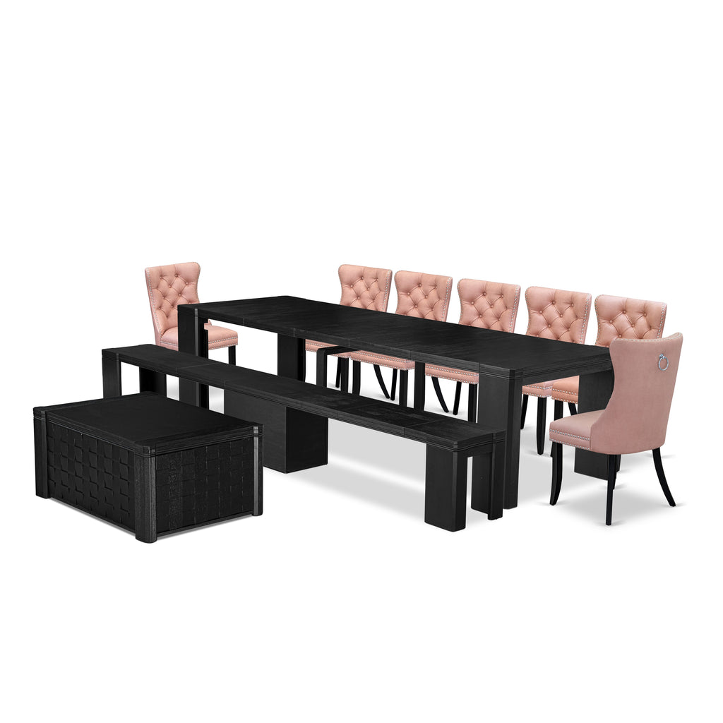 X07DA-503-ZQ Sophisticated 10-Piece Dining Ensemble with Rectangular Table, Wood Bench, 7 Chairs in Wire Black