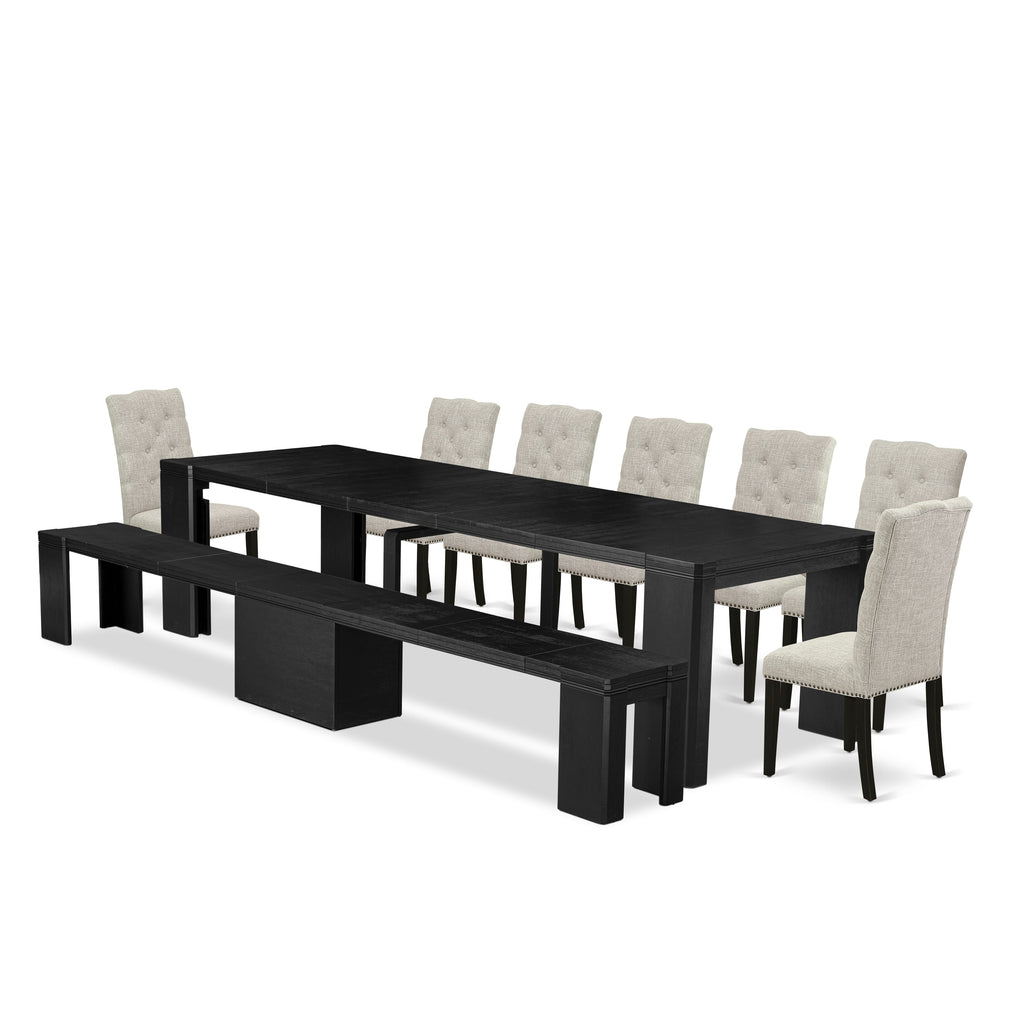 X07EL-4ZM-PQ Exquisite 9-Piece Dining Set with Rectangle Table, Bench & Charcoal Linen Chairs