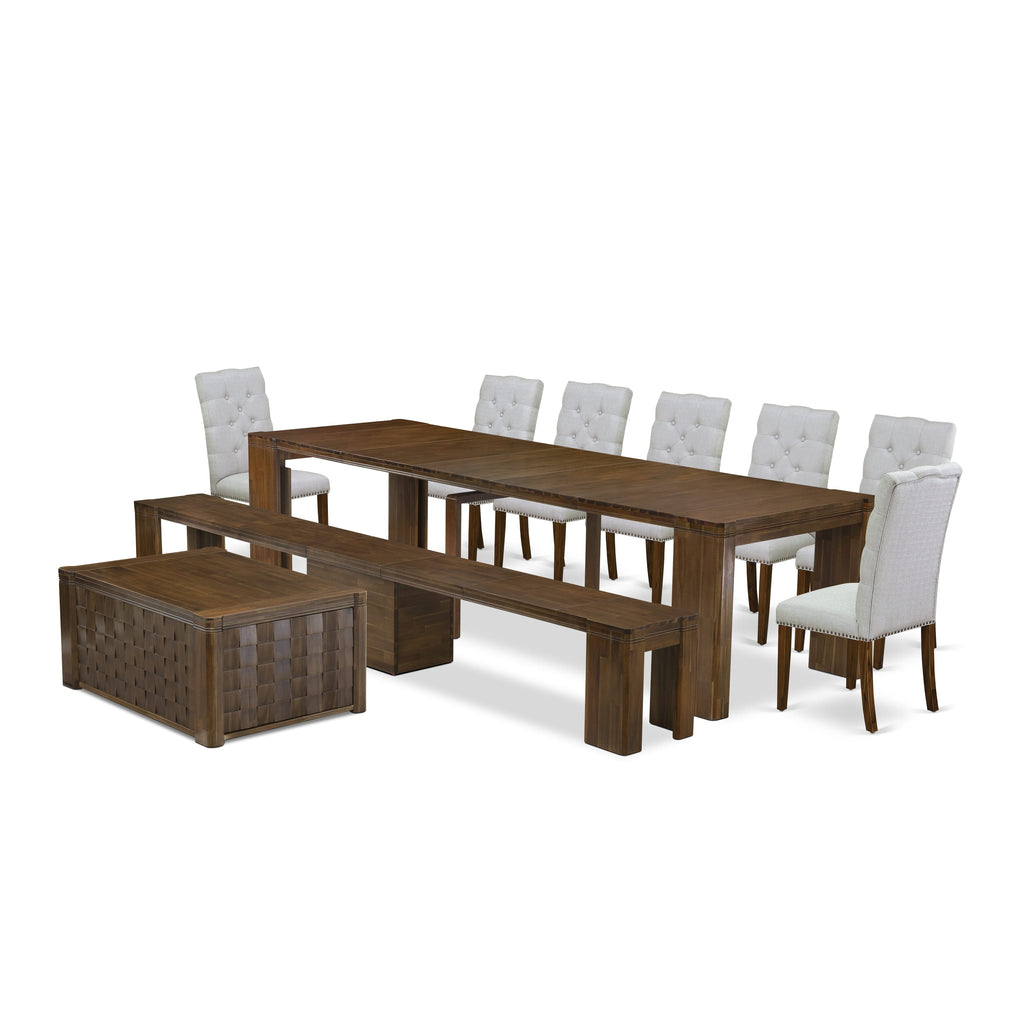 Elegant X07EL-6PY-U2 10-Piece Antique Walnut Dining Room Ensemble Extendable Table, Coffee Table, Chairs & Bench
