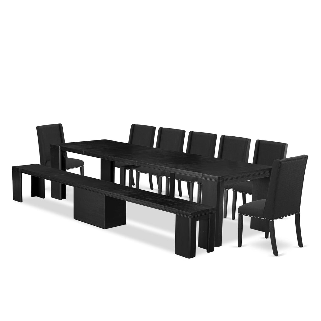 X07FL-BWZ-S9 Luxe 9-Piece Dining Ensemble with Rectangle Table, Bench & 7 Black Fabric Chairs
