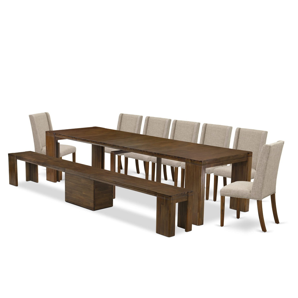X07FL-AS1-GC 9-Piece Antique Walnut Expandable Dining Ensemble with Rectangular Table, Chairs & Bench