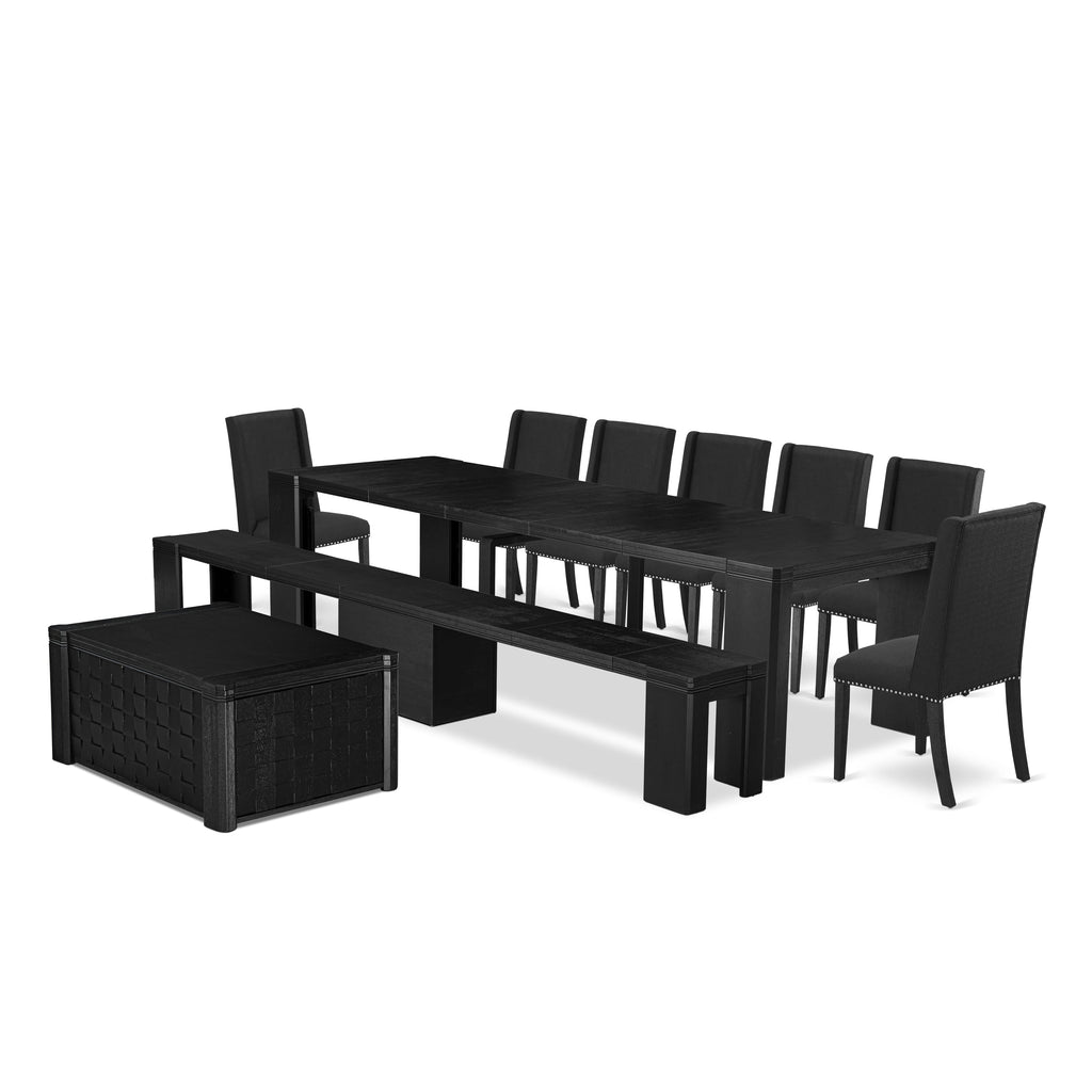 X07FL-6BY-JG Deluxe 10-Piece Dining Set Rectangular Table with Coffee Table, Bench & 7 Black Fabric Chairs, Ebony Finish