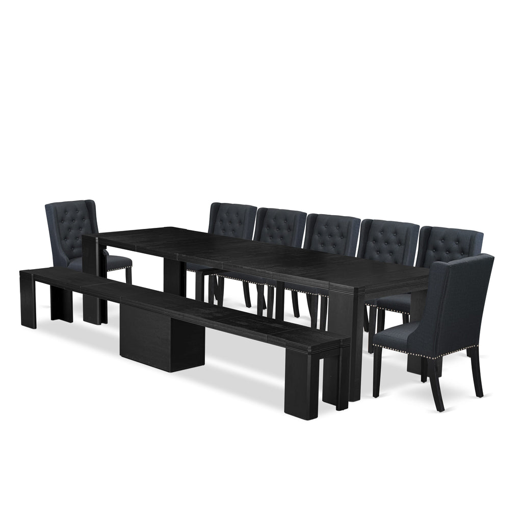 X07FO-RY8-Z7 9-Piece Dining Ensemble with Bench Seating and Black-Linen Design, Wire Finished
