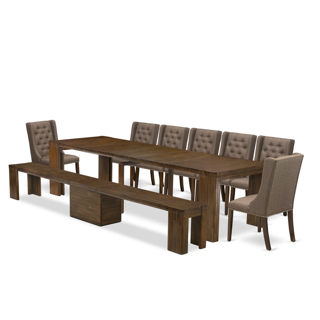 X07FO-I4V-AD Classic Extendable Dining Ensemble with Rectangle Table, Seven Chairs, and Bench in Antique Walnut