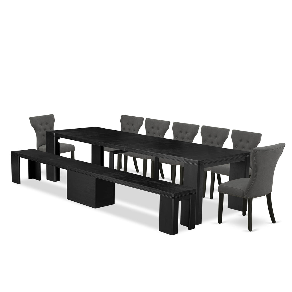 X07GA-CIV-F7 Exquisite 9-Piece Dining Ensemble with Table, Bench, and Gotham Grey Linen Chairs