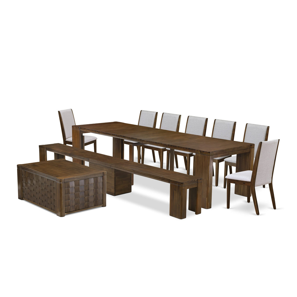 X07LA-L7P-D9 10-Pc Extendable Dining Room Set with Table, Coffee Table, 7 Chairs & Bench, Antique Walnut Elegance