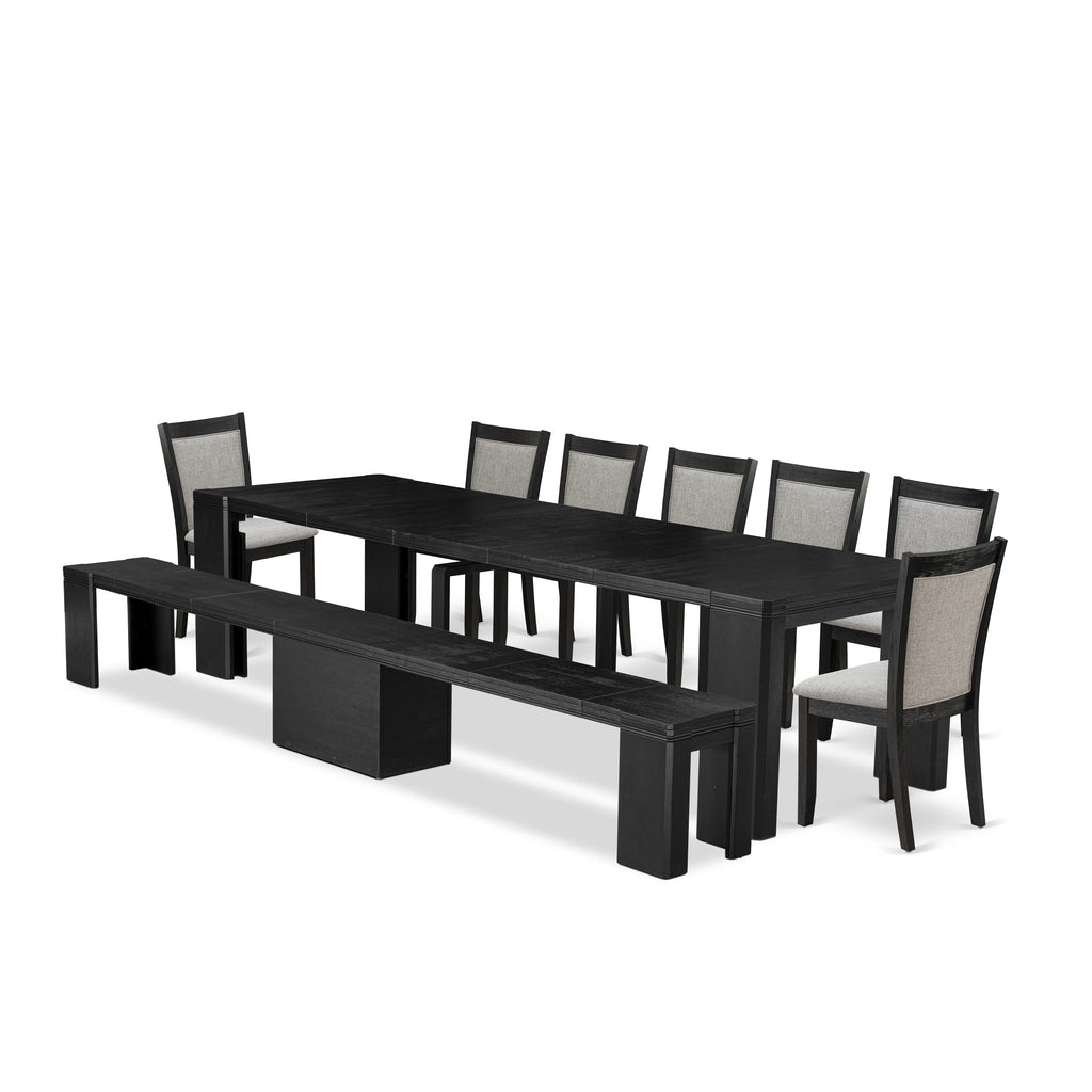 X07MZ-UY4-R1 Stylish 9-Piece Dining Set with Rectangular Table, Benches & 7 Linen Chairs in Black