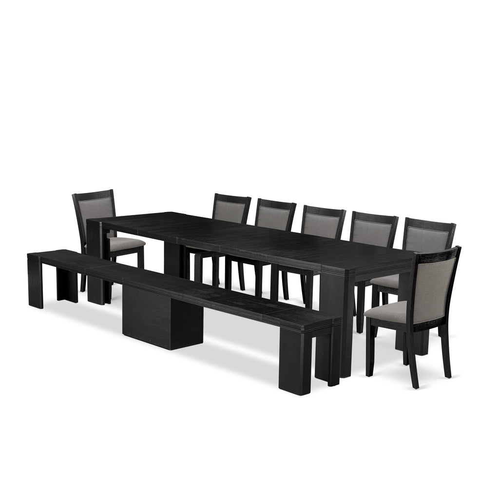 X07MZ-PX0-H5 Gotham Grey Brushed Luxury Dining Ensemble with Wooden Bench & Stylish Linen Chairs