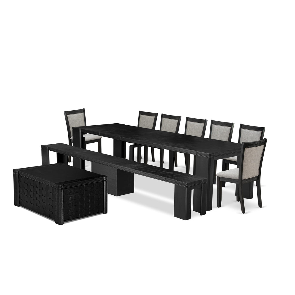 X07MZ-JNZ-Q5 10-Piece Dining Set with Rectangular Table, Wooden Benches, and Shitake Chairs