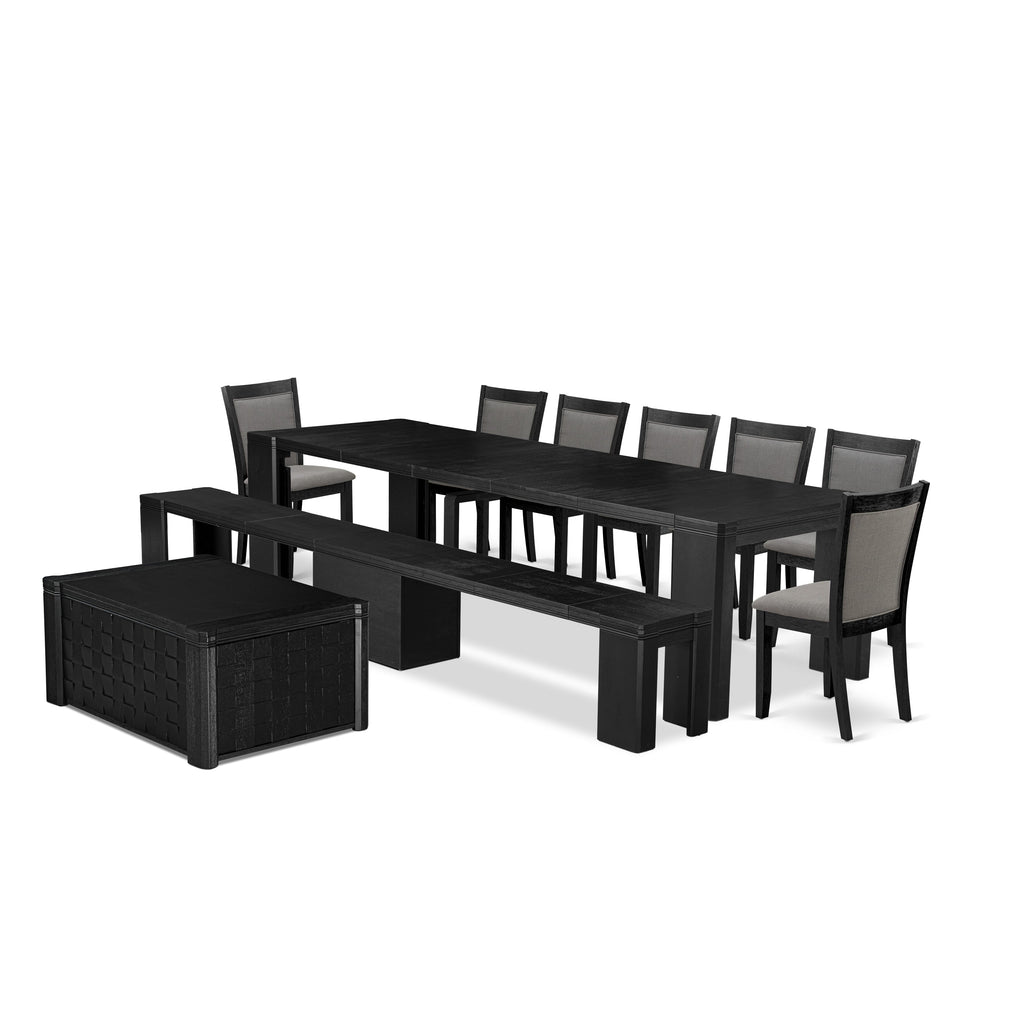 X07MZ-QK1-6H Sophisticated 10-Piece Dining Set with Rectangular Kitchen Table, Coffee Table, Bench and 7 Gotham Grey Chairs in Black Brush Finish