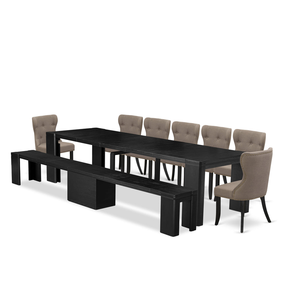 Purchase 9-Piece Dining Room Set X07SI-TM4-VO Rectangular Table, Wood Bench, Set of 7 Linen Chairs with Brushed Finish