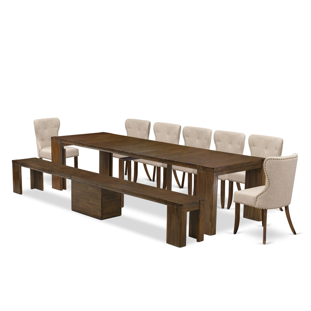 X07SI-NU3-6Z Luxe 9-Piece Dining Set Expandable Table, 7 Chairs & Modern Bench in Antique Walnut