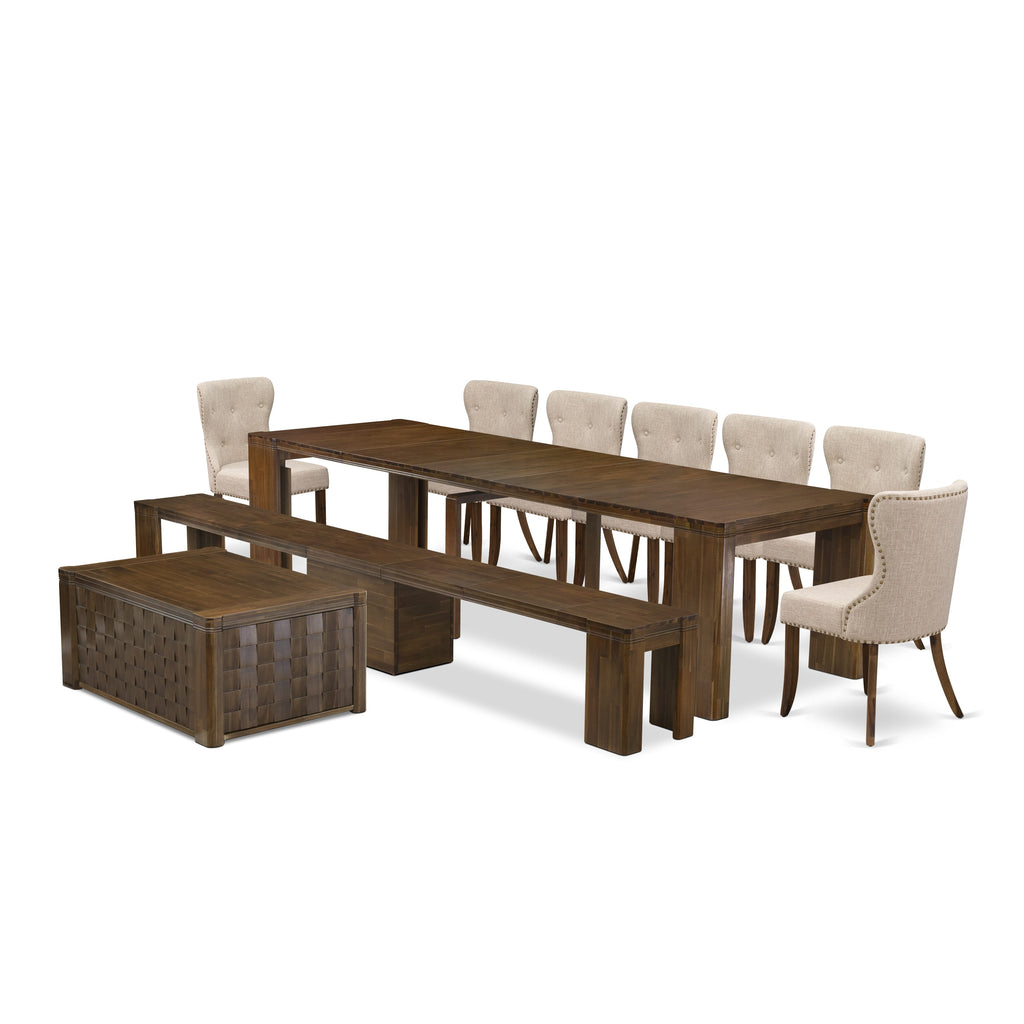 Chic Dining Collection X07SI-ZSN-UC 10-Piece Set with Rectangular Table, Bench, Chairs, and Coffee Table in Antique Walnut