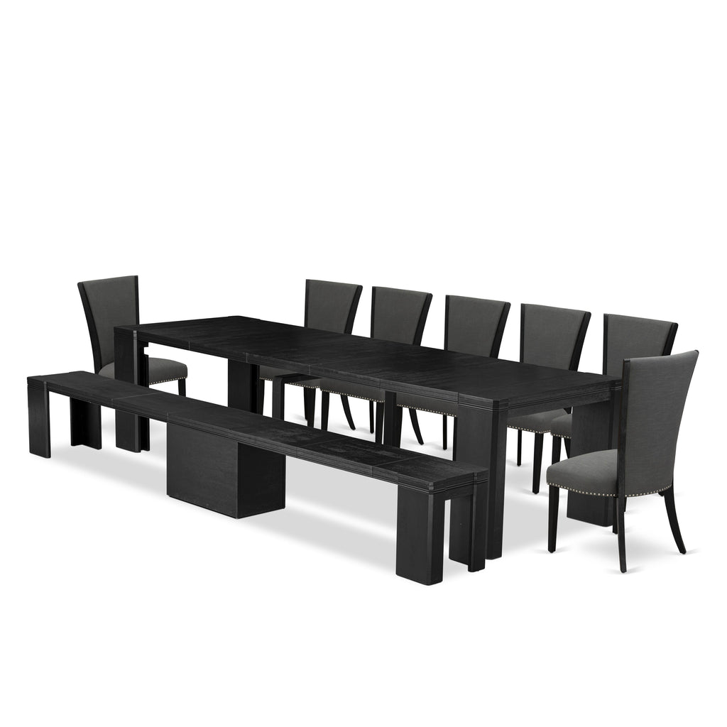 X07VE-C2K-VM Regal 9-Piece Dining Ensemble with Wood Table, Benches & Gotham Grey Fabric Chairs
