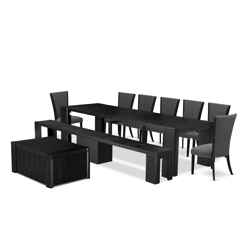 X07VE-OCP-8A Chic Dining Ensemble 10-Piece Set with Rectangular Table, Bench, & 7 Linen Chairs, Black Finish