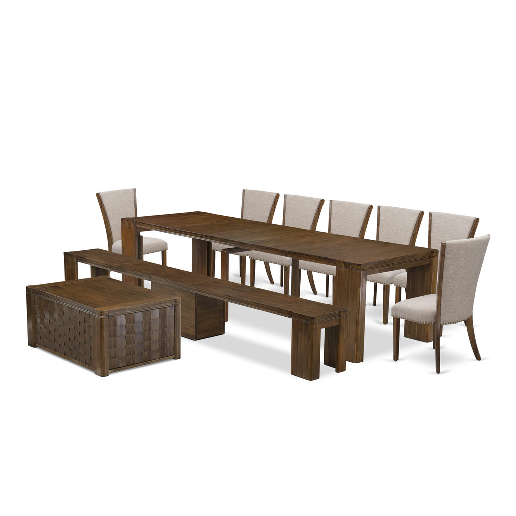 X07VE-E4H-HU Dining Ensemble Elegant 10-Piece Collection with Dining & Coffee Tables, 7 Chairs & a Bench in Rich Walnut