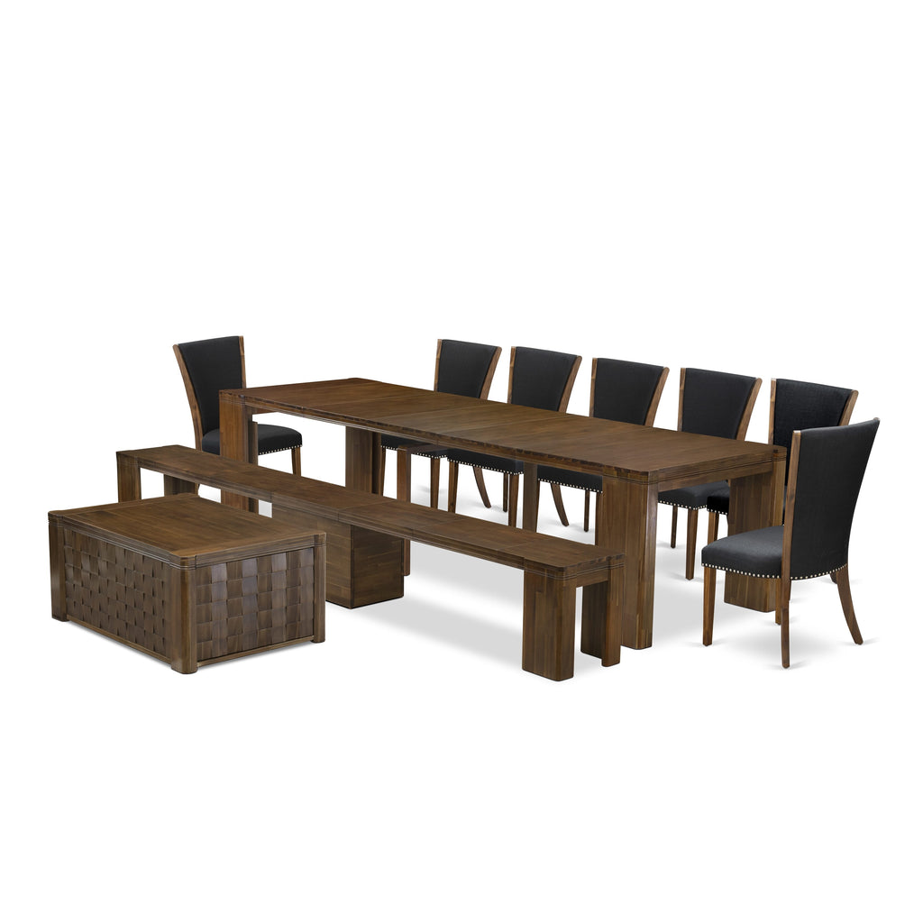 X07VE-NIM-0Z Elegant 10 Piece Set Expandable Table, Coffee Table, 7 Chairs & Bench in Walnut Finish