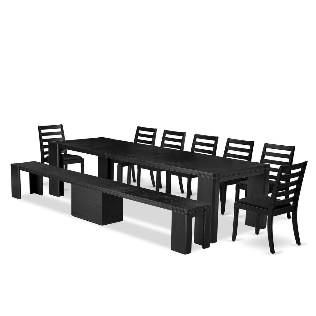 Chic X07X1-49B-U8 Set of 9 Dining Table, Wooden Benches & Linen Chairs in Black Finish, Timeless Dining Ensemble