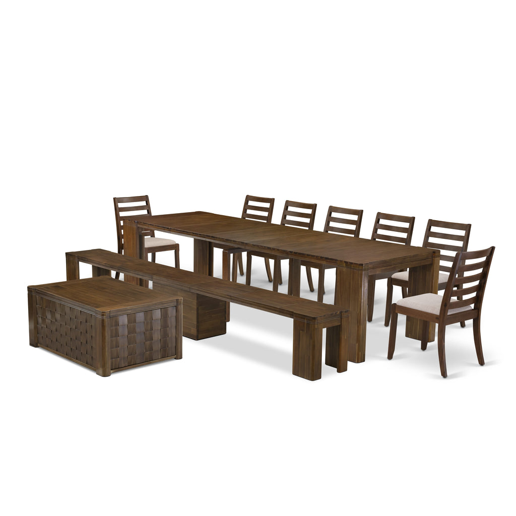 X07X1-JN1-A5 Sophisticated 10-Piece Dining Set Extendable Table, Coffee Table, Chairs & Modern Bench in Antique Walnut