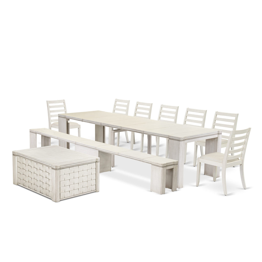 Luxe Dining Room Ensemble X07X1-GUR-0S Space-Saving Extendable Dining Set with Contemporary Touch - 1 Main Table, Coffee Table, 7 Stackable Chairs & Stylish Bench, Antique White Elegance