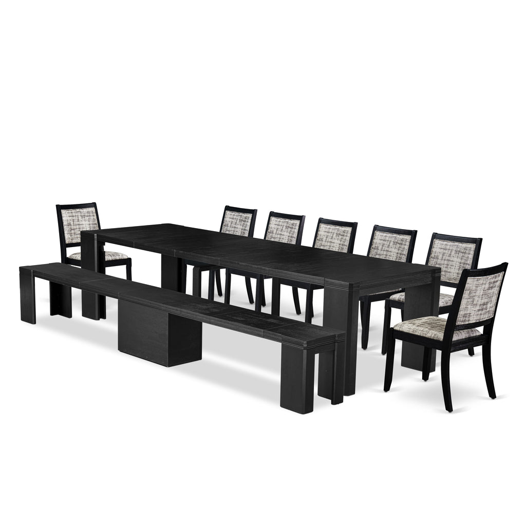 X07X2-PJ5-TG 9-Piece Dining Table Set with Rectangular Table, Bench, and Stackable Faux Leather Chairs
