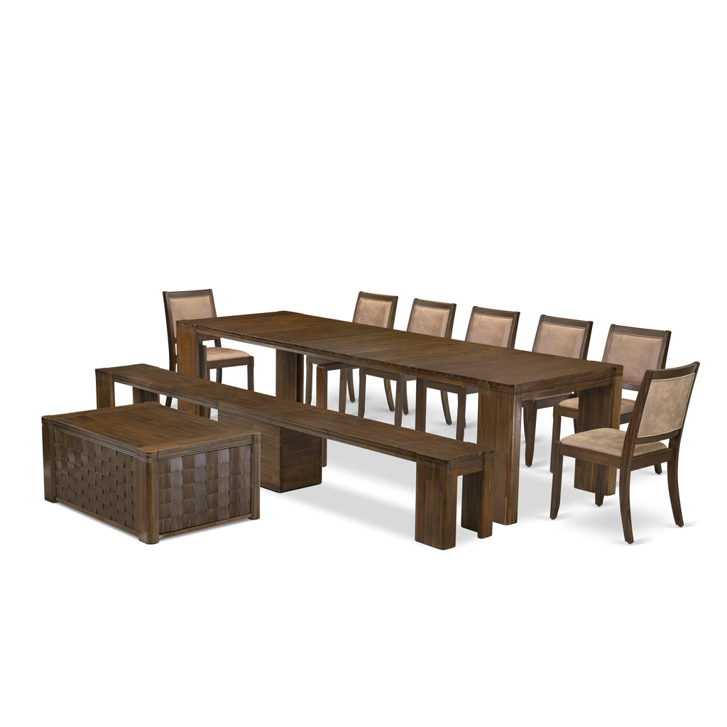 X07X2-JAE-M8 Elegant Walrus Style 10-Piece Dining Ensemble Expansive Set with Table, Coffee Table, Chairs, and Bench in Classic Walnut