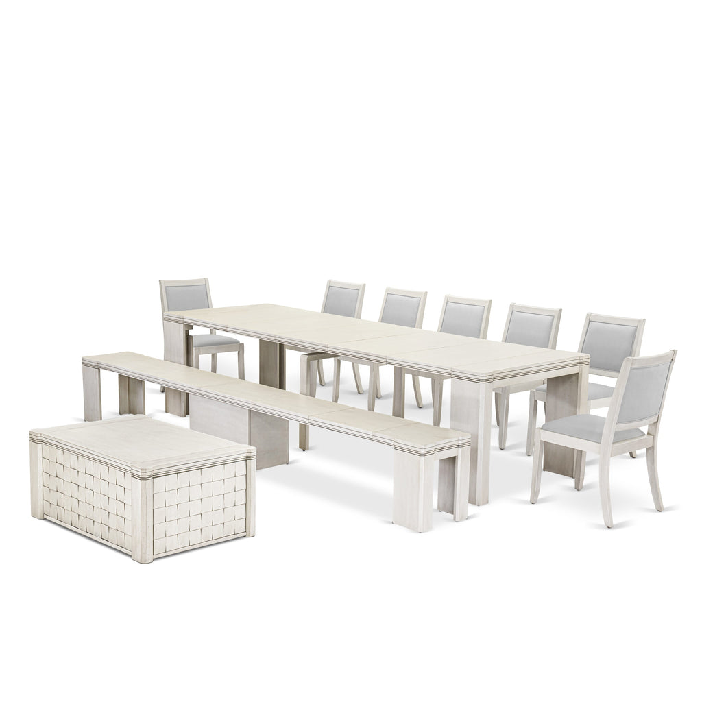 X07X2-FER-VA 10 Pieces Dining Set contains an Extendable Rectangle Kitchen Table, 1 Coffee Table, 7 Stackable Dining Chairs and 1 Bench, 39x120 Inch, Antique White