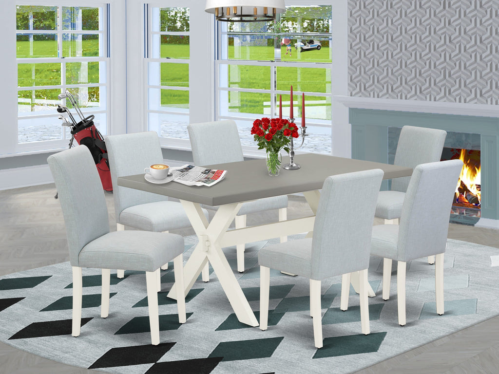X096AHQA7-U Elegant 7-Piece Dining Suite with X-Leg Table and Six Blue Linen Chair Ensemble, 36x60