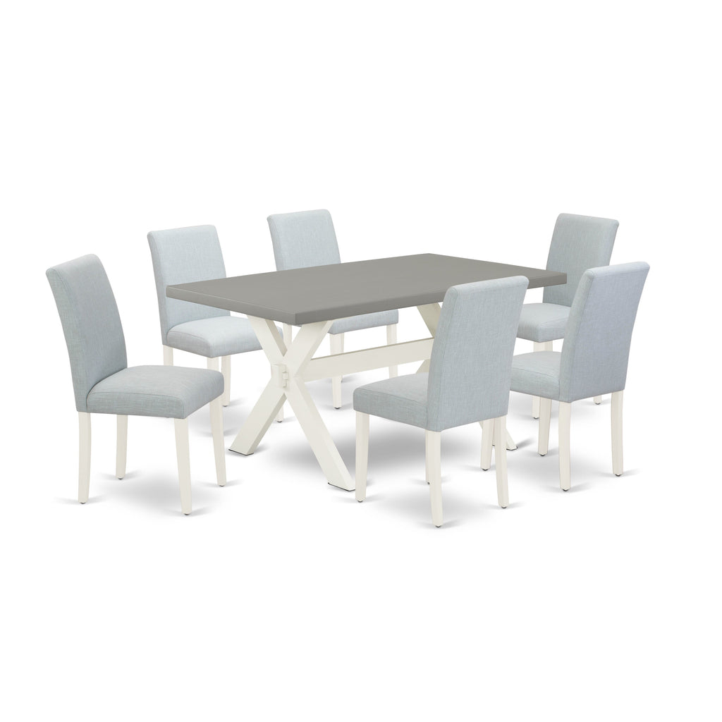 X096AHQA7-U Elegant 7-Piece Dining Suite with X-Leg Table and Six Blue Linen Chair Ensemble, 36x60