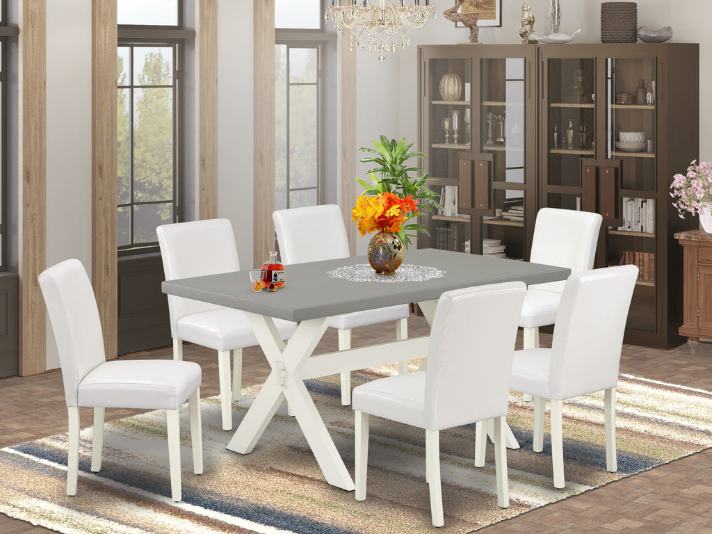 X096AWMM1-A 7-Piece Dining Ensemble with X-Legged Table & Faux Leather Chairs, 36x60 Inch, Multi-Style