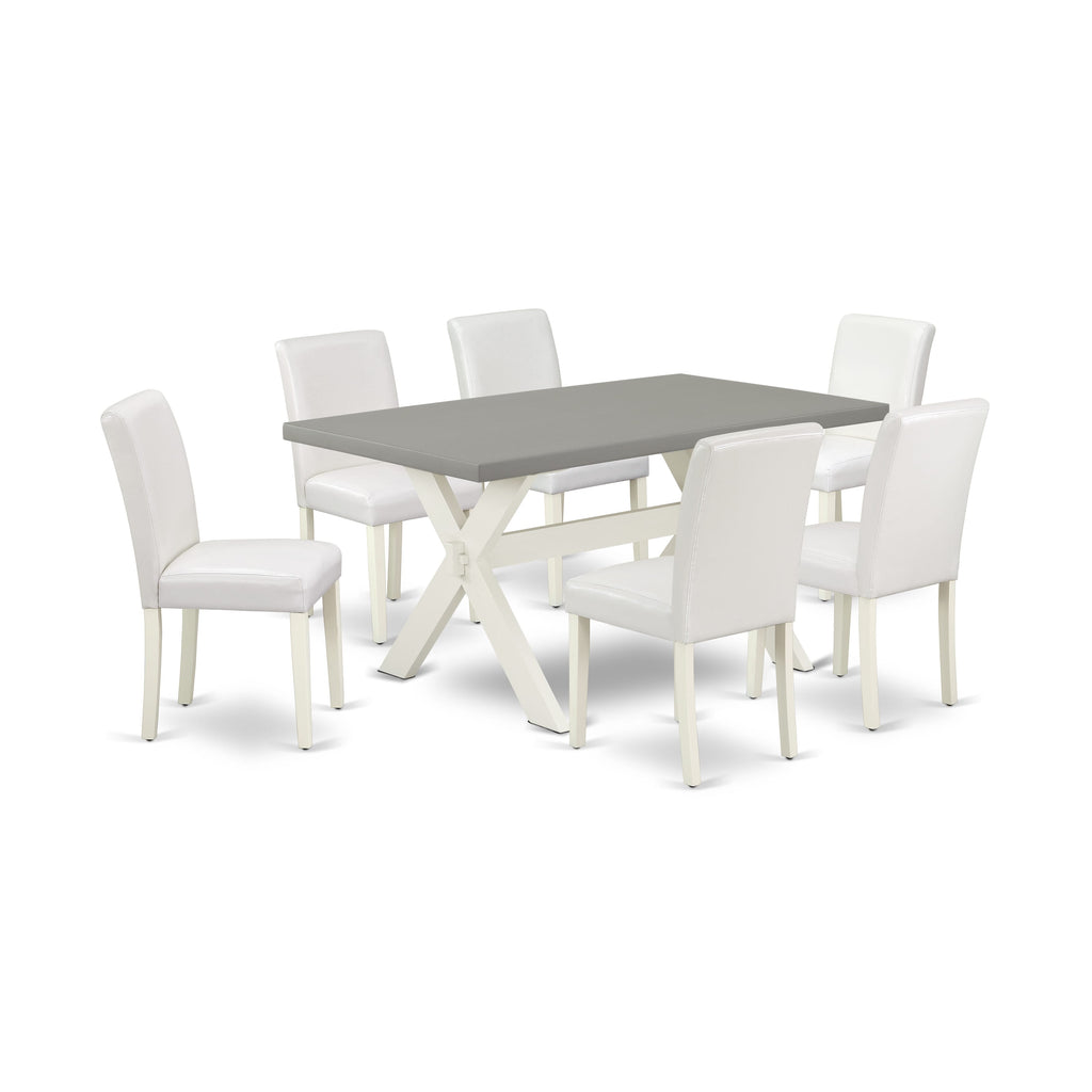 X096AWMM1-A 7-Piece Dining Ensemble with X-Legged Table & Faux Leather Chairs, 36x60 Inch, Multi-Style