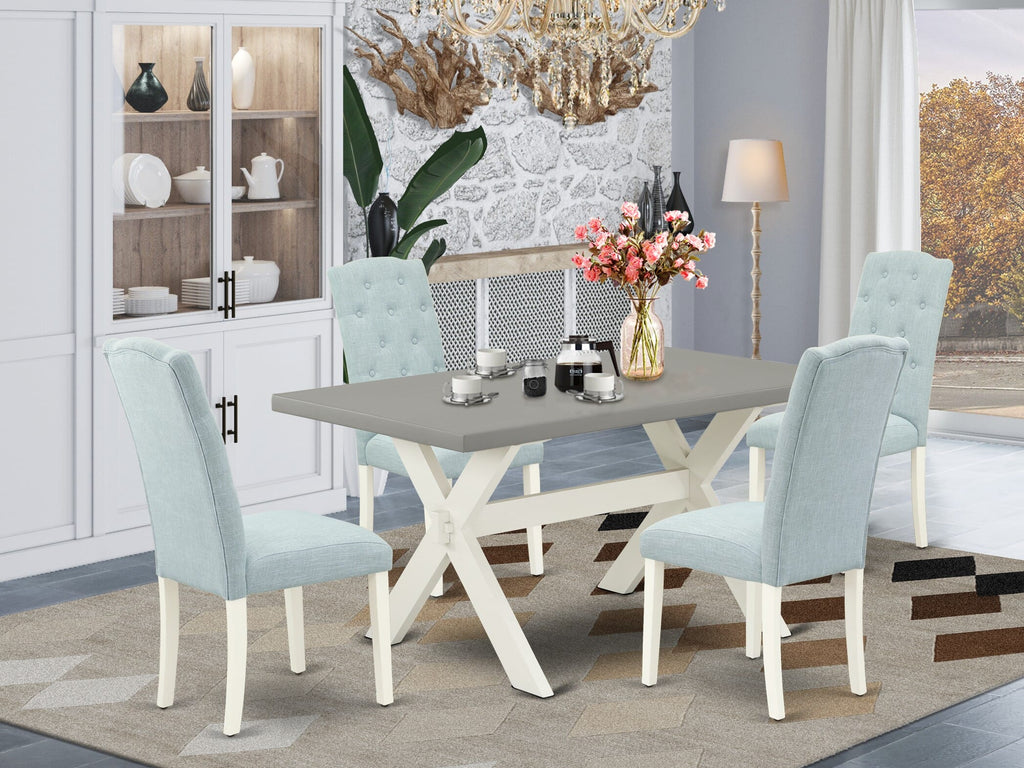 X096C36XV-R 5 Piece Dining Collection Rectangle Table with X-Legs and 4 Baby Blue Parsons Seats, 36x60 Multi-Color