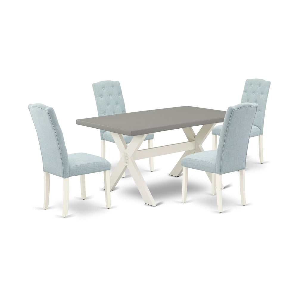 X096C36XV-R 5 Piece Dining Collection Rectangle Table with X-Legs and 4 Baby Blue Parsons Seats, 36x60 Multi-Color