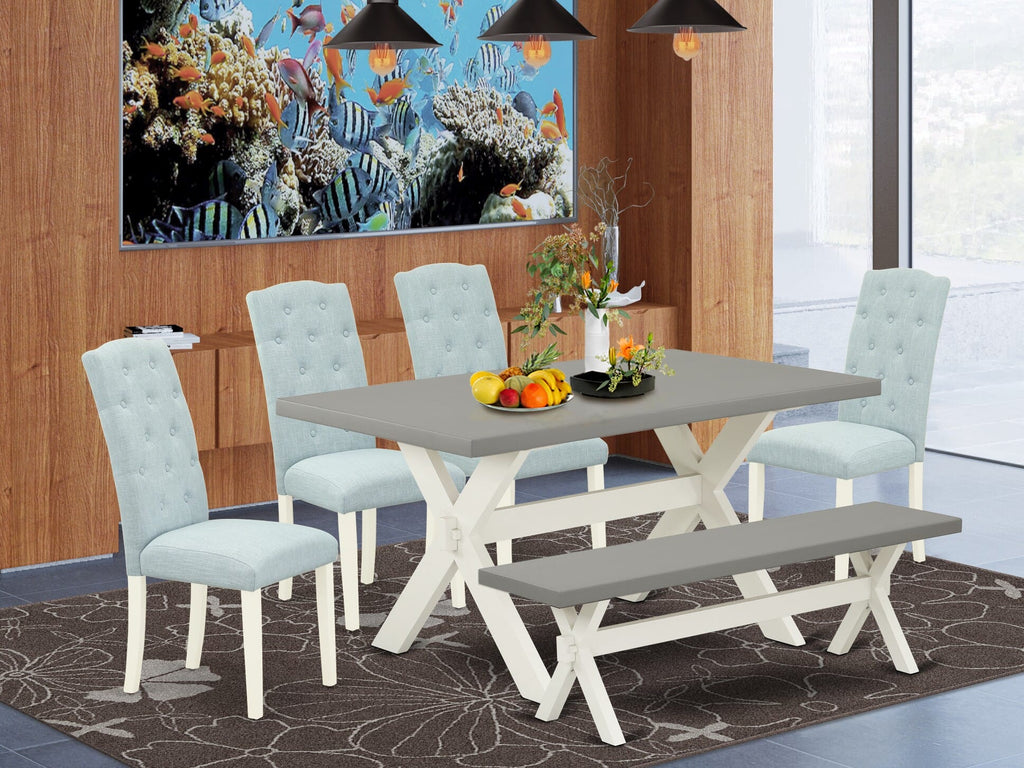 X096CKNBW-O 6 Piece Dining Ensemble with Rectangular Table and Blue Upholstered Seating, 36x60