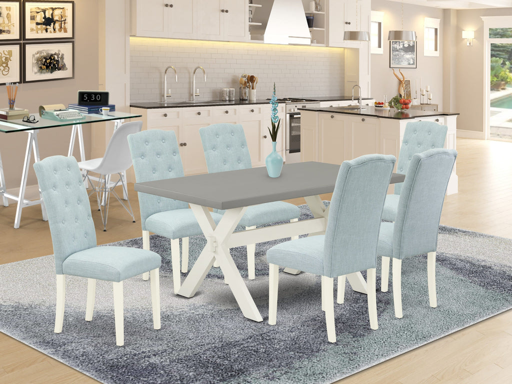 X096C0CZ6-1 Chic 7-Piece Dining Ensemble with Luxe X-Leg Table & 6 Elegantly Upholstered Blue Chairs