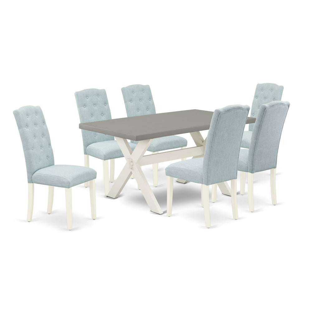 X096C0CZ6-1 Chic 7-Piece Dining Ensemble with Luxe X-Leg Table & 6 Elegantly Upholstered Blue Chairs