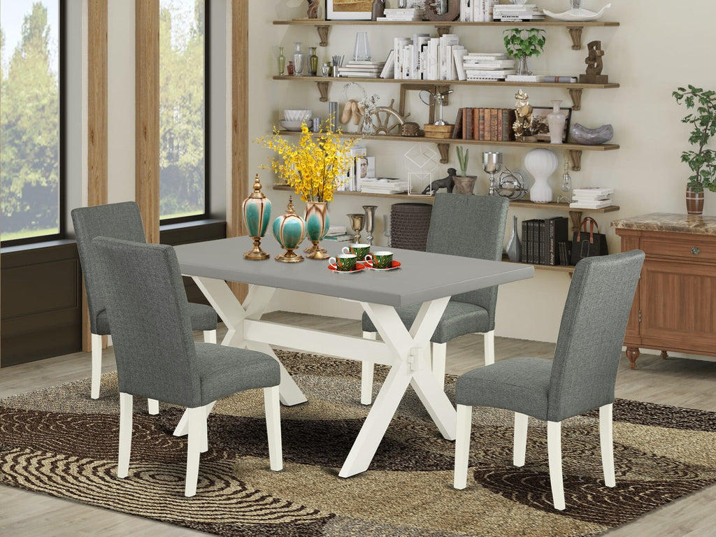 X096DIXZE-4 5-Piece Dining Ensemble with Rectangular Table & X-Legs, Light Gray Parson Chairs