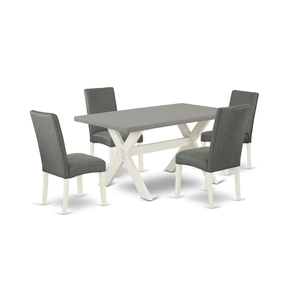 X096DIXZE-4 5-Piece Dining Ensemble with Rectangular Table & X-Legs, Light Gray Parson Chairs