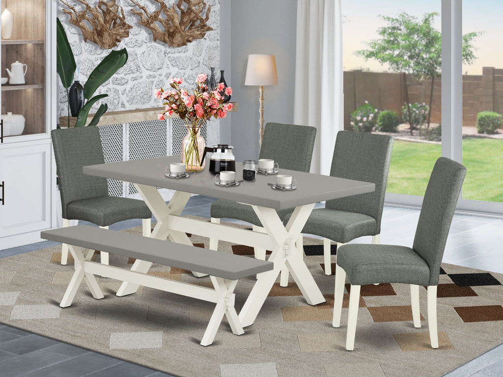 X096DS1GA-B 6 Piece Dining Set with Two-Tone Table and Gray Linen Bench and Chairs, 36x60