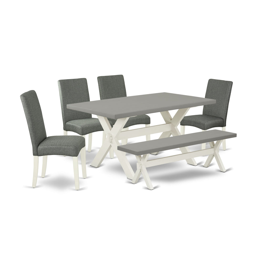 X096DS1GA-B 6 Piece Dining Set with Two-Tone Table and Gray Linen Bench and Chairs, 36x60