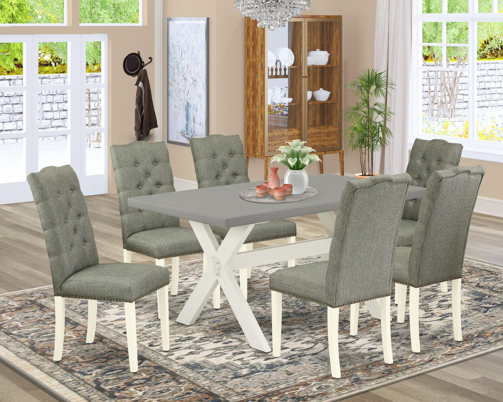 X096EYZ0V-A Premium 7-Piece Dining Set with Rectangular Table & Plush Grey Seating