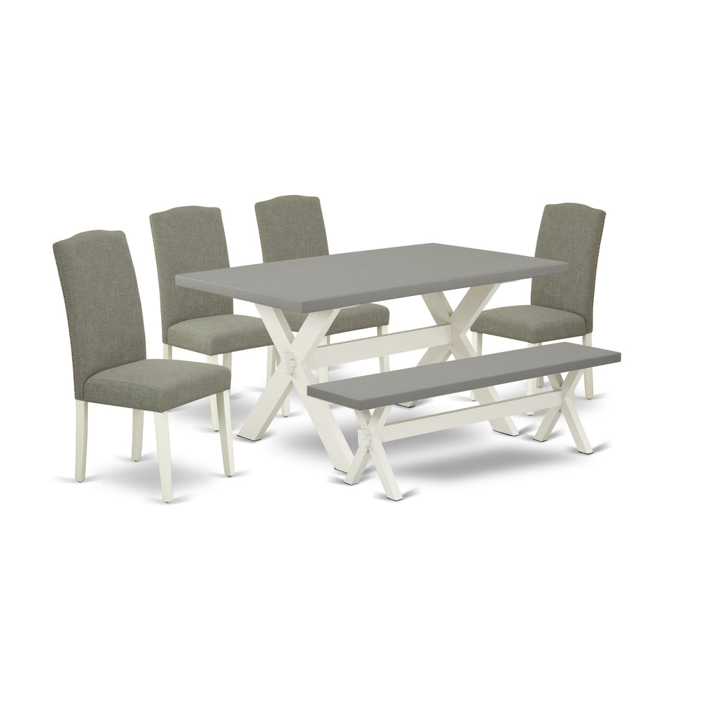 X096EBW4A-1 Dining Ensemble Enjoy This 6-Piece Set Featuring a Table, Upholstered Chairs & Bench in Chic Palette