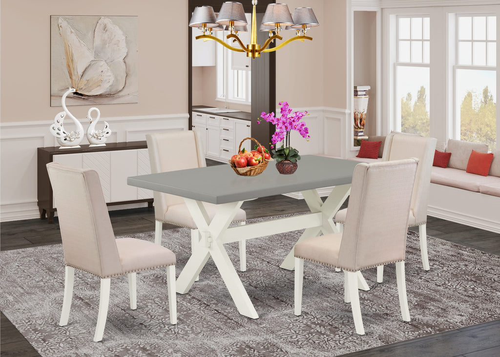 X096FDGVY-Z 5-Piece Dining Ensemble Featuring Rectangular Timber Table with Crossed Supports & Cream Linen Chairs