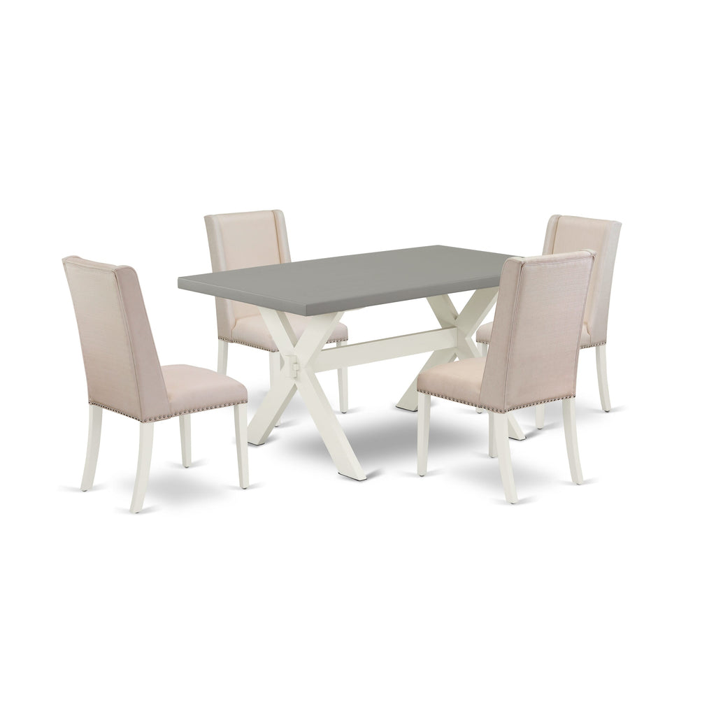X096FDGVY-Z 5-Piece Dining Ensemble Featuring Rectangular Timber Table with Crossed Supports & Cream Linen Chairs